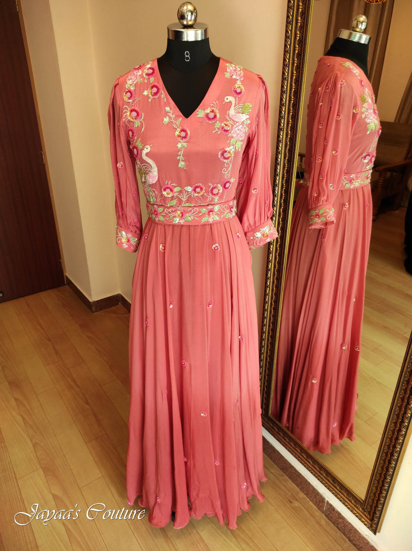 Rust peach shaded gown with belt & dupatta
