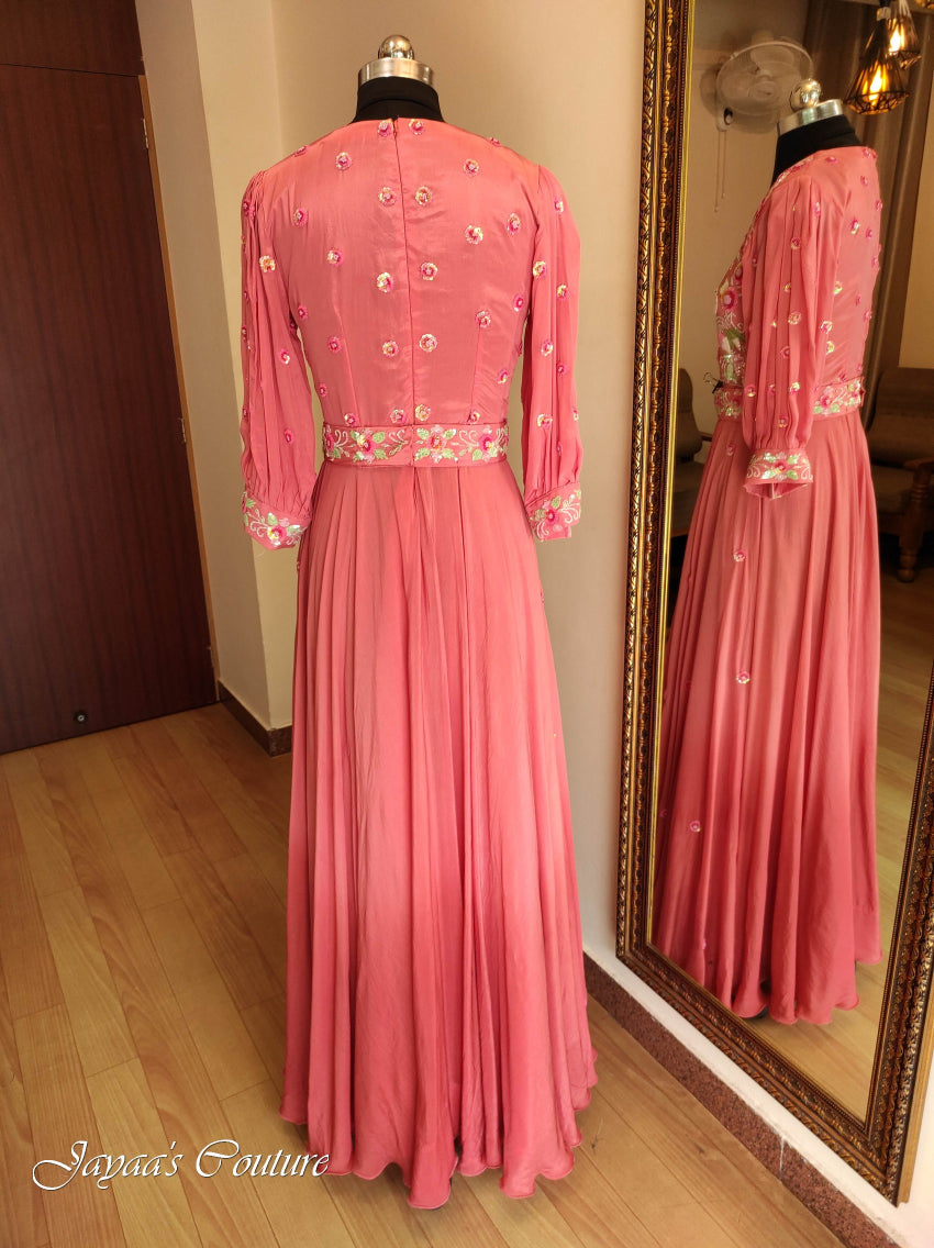 Rust peach shaded gown with belt & dupatta