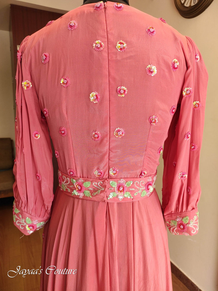 Rust peach shaded gown with belt & dupatta