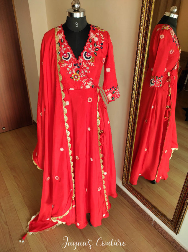 Red angrakha gown with dupatta