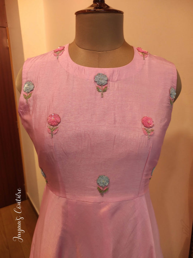 Dusty pink gown with frilled organza shrug