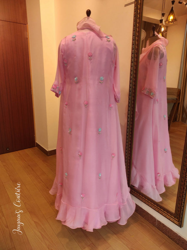 Dusty pink gown with frilled organza shrug