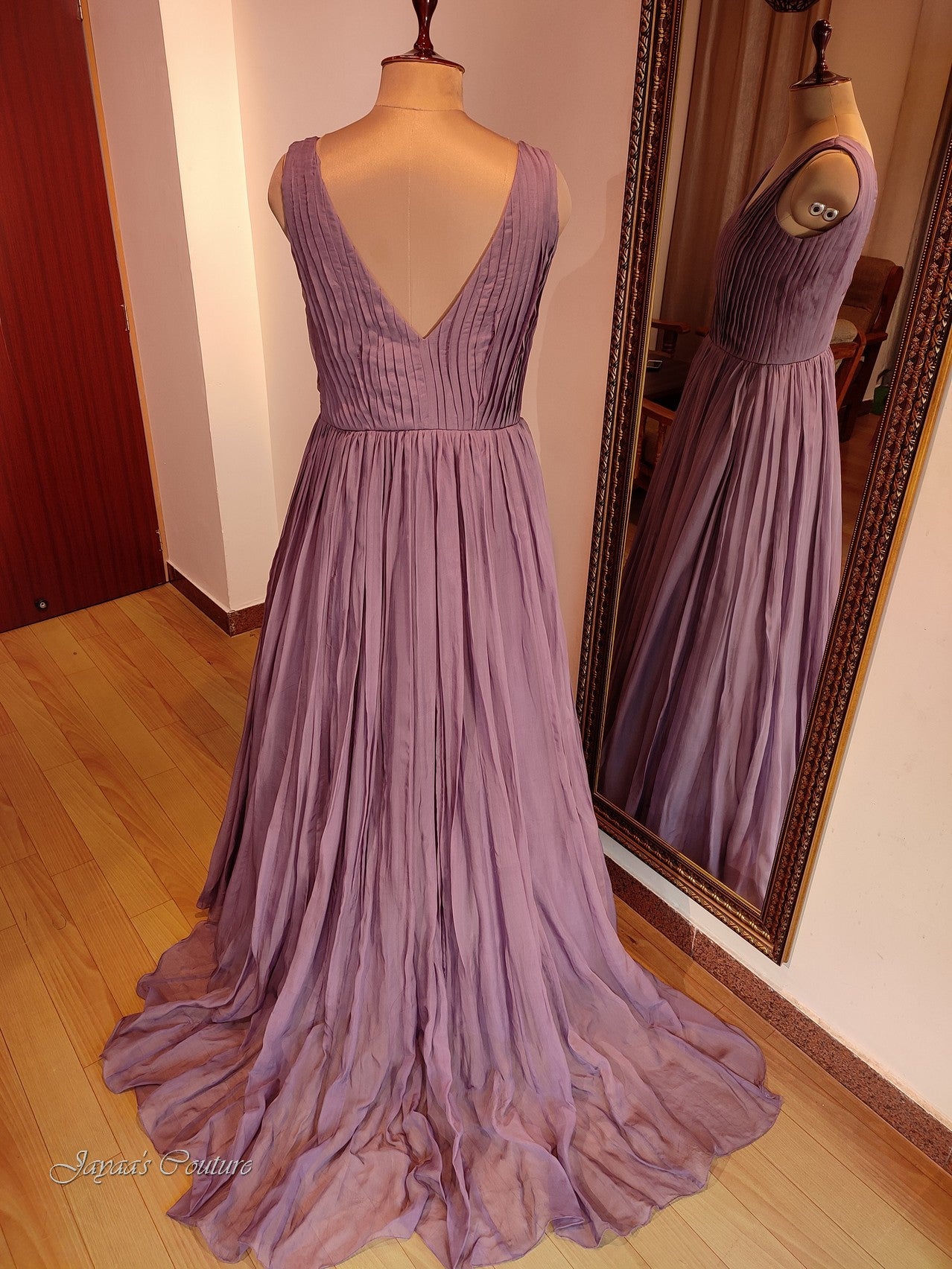 Mauve pleated gown with belt