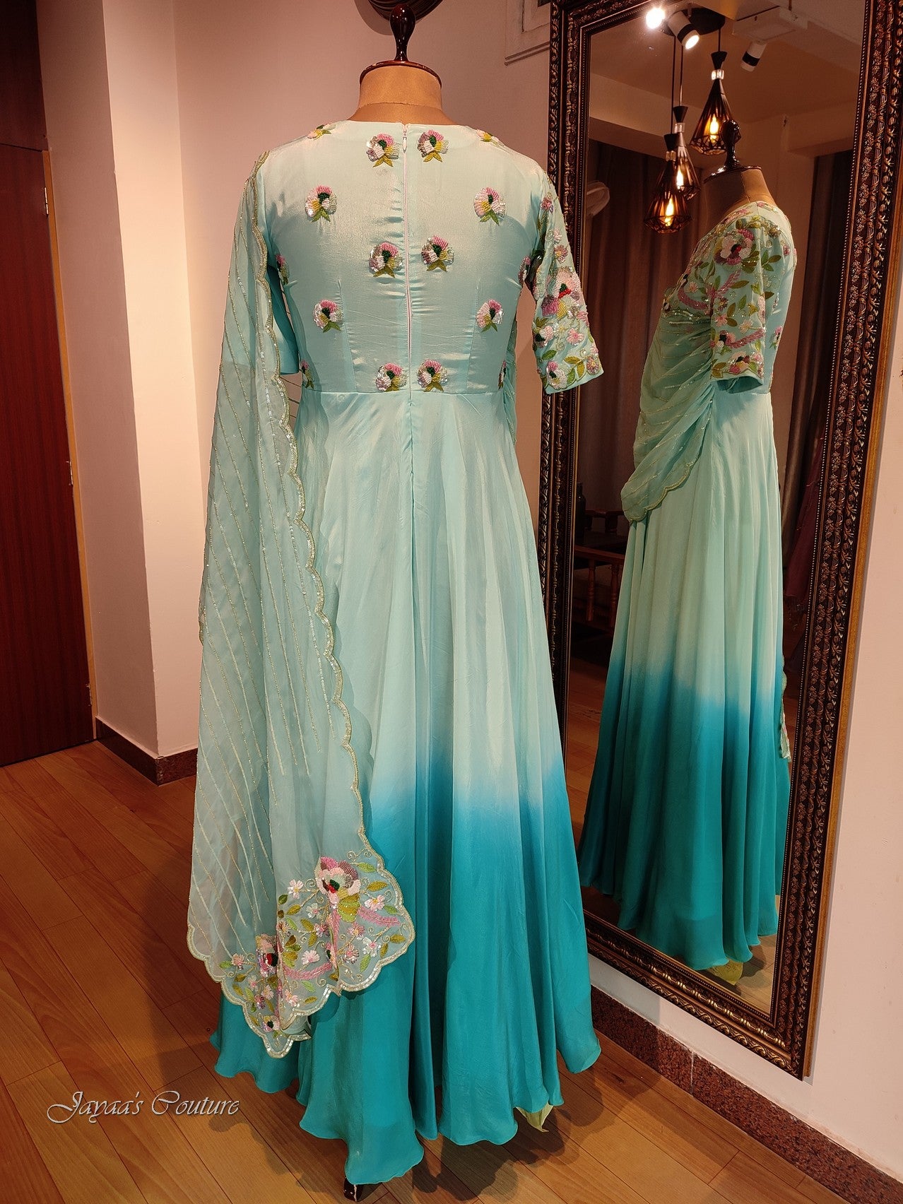 Sea green ombre gown with draped dupatta