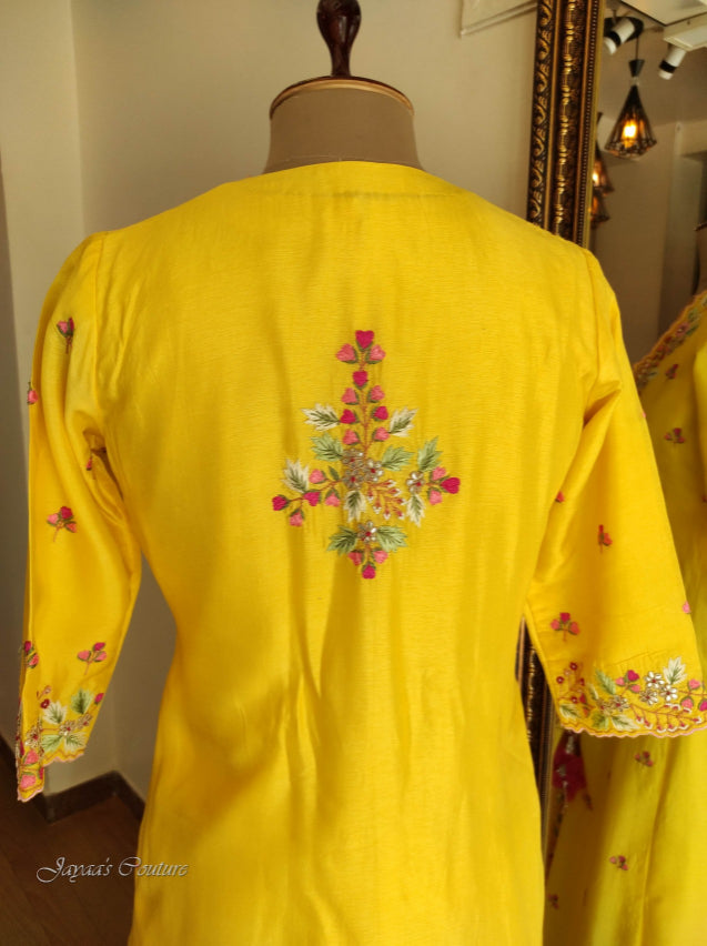 Yellow gown with embroidered shrug