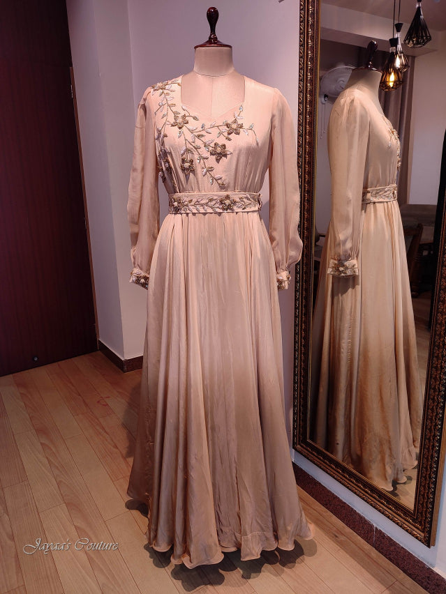 Pastel beige to dark beige ombre gown with belt