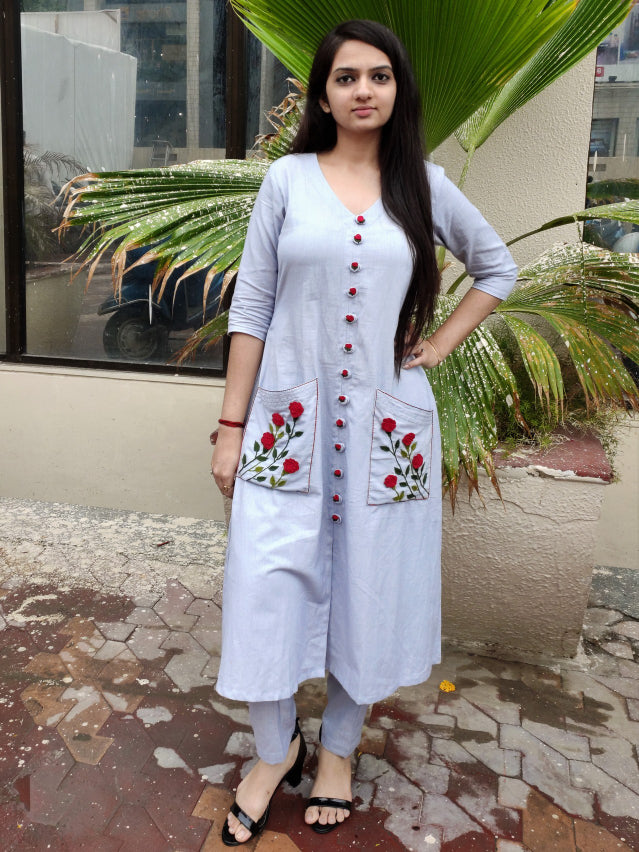 Steel grey khadi linen kurta pants
