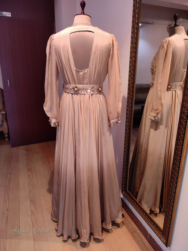 Pastel beige to dark beige ombre gown with belt