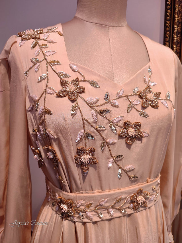 Pastel beige to dark beige ombre gown with belt