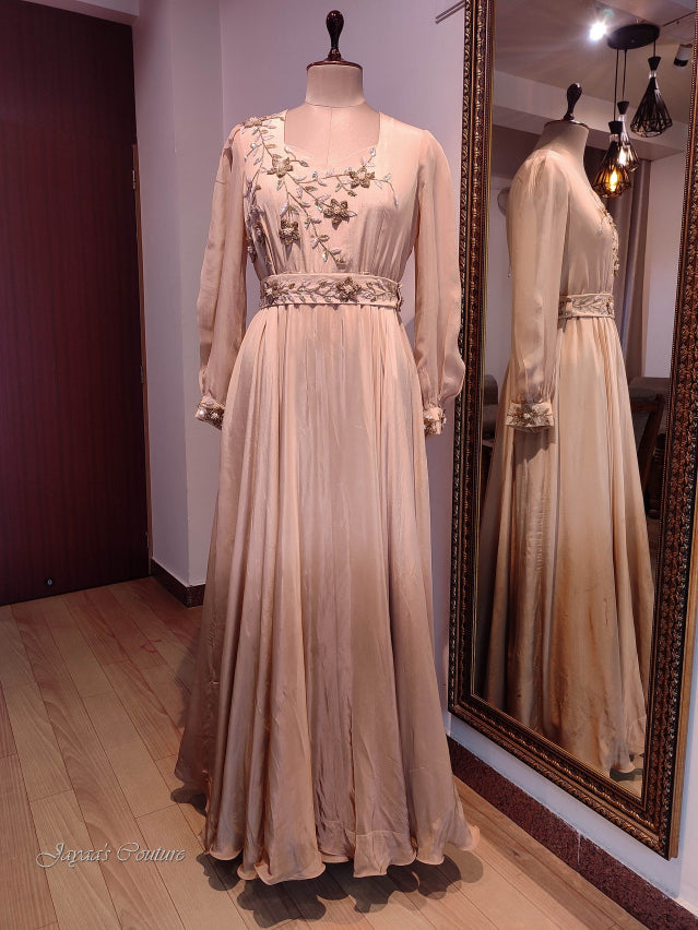 Pastel beige to dark beige ombre gown with belt