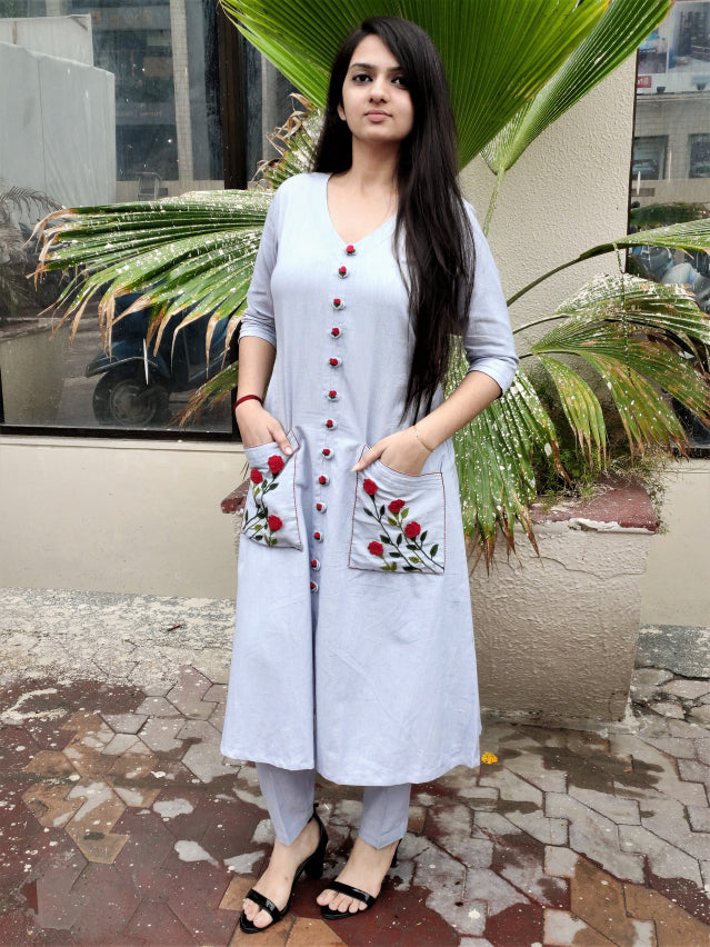 Steel grey khadi linen kurta pants
