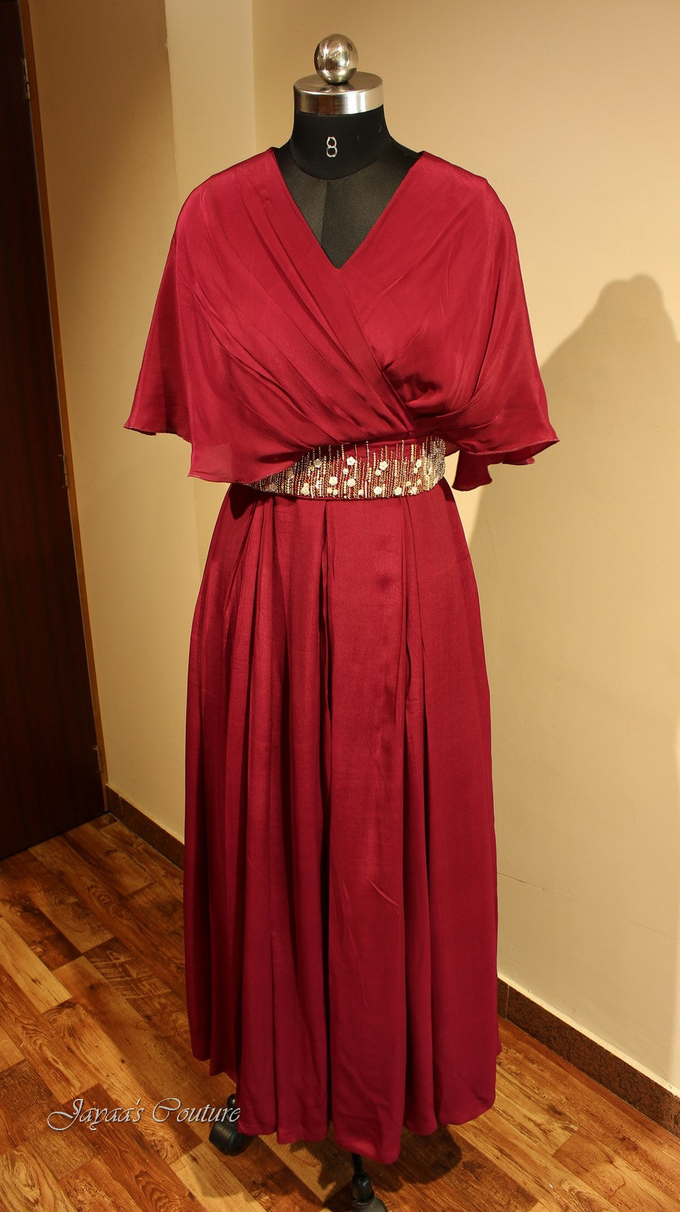Maroon gown with belt