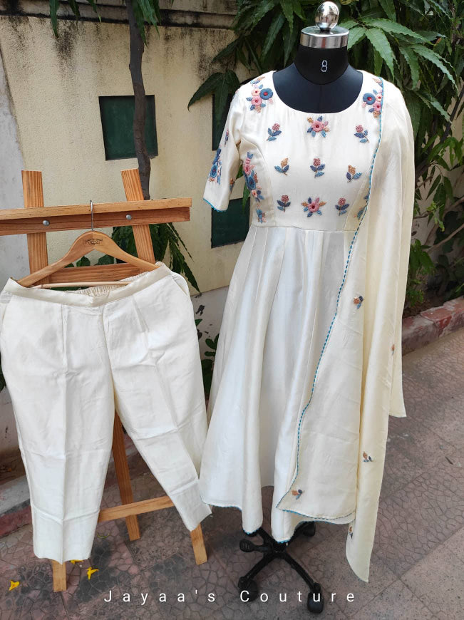 Off white Anarkali with Cullotes and Dupatta