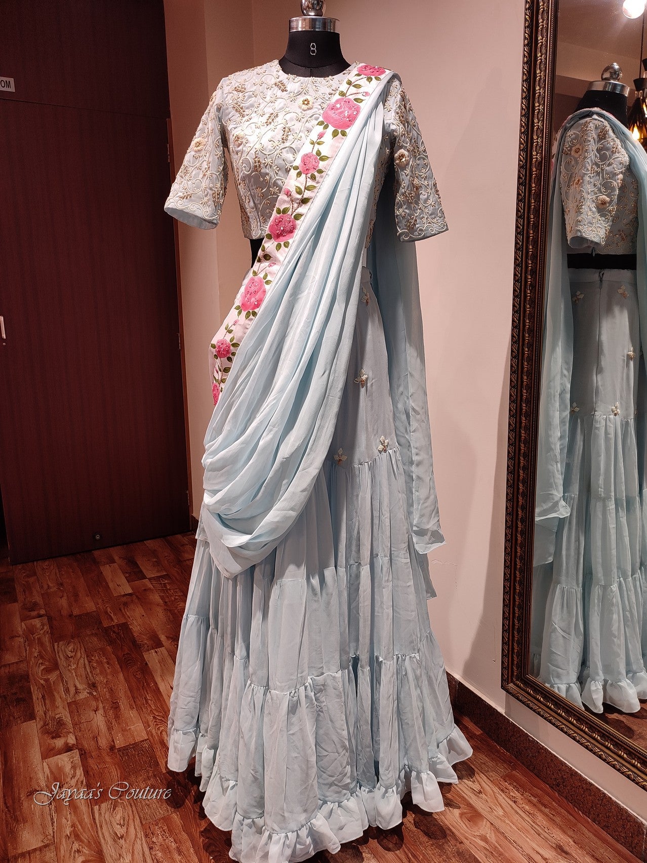 Powder blue lehenga with hand painted dupatta