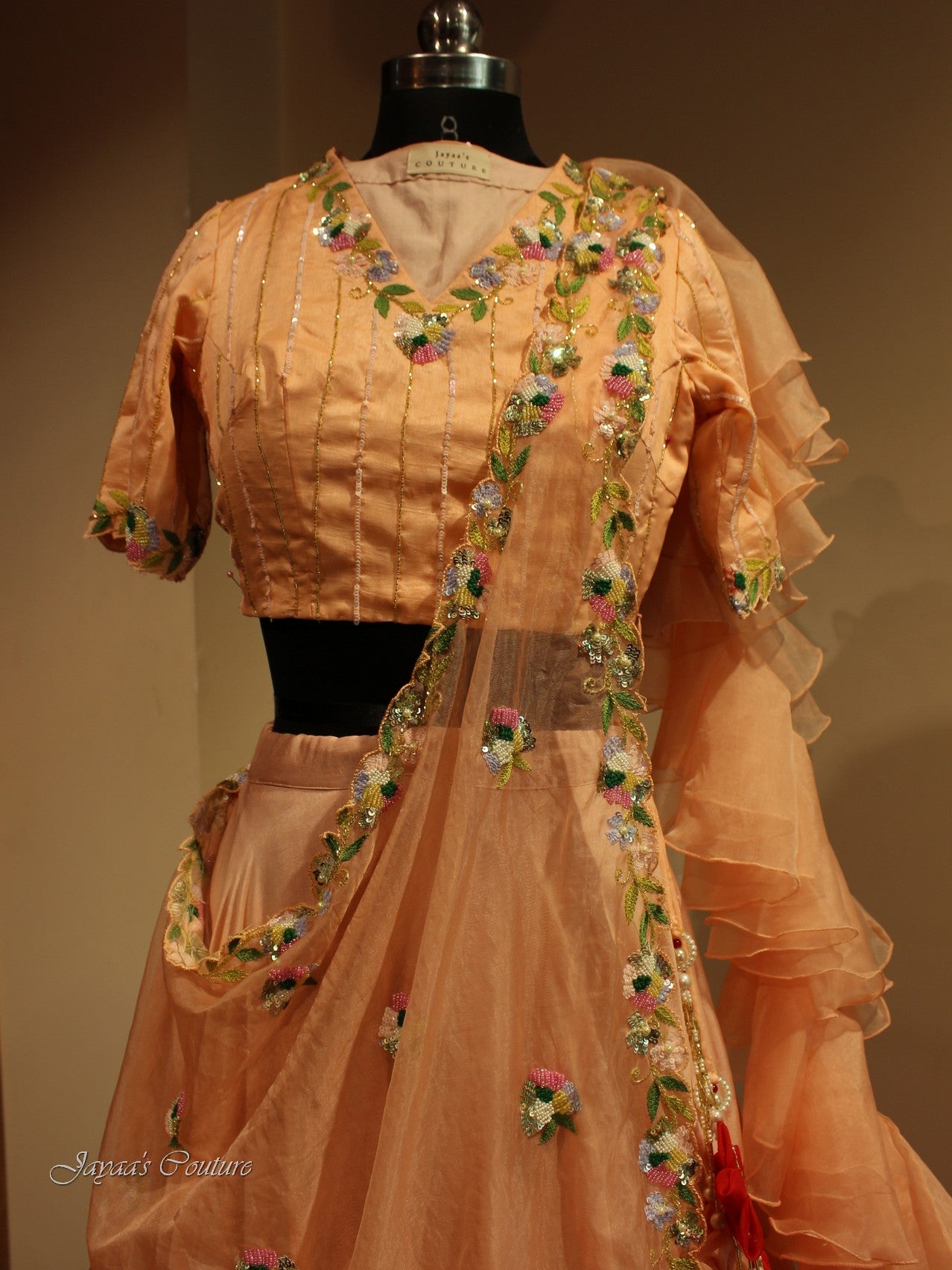 Peach Red shaded lehenga with drape dupatta