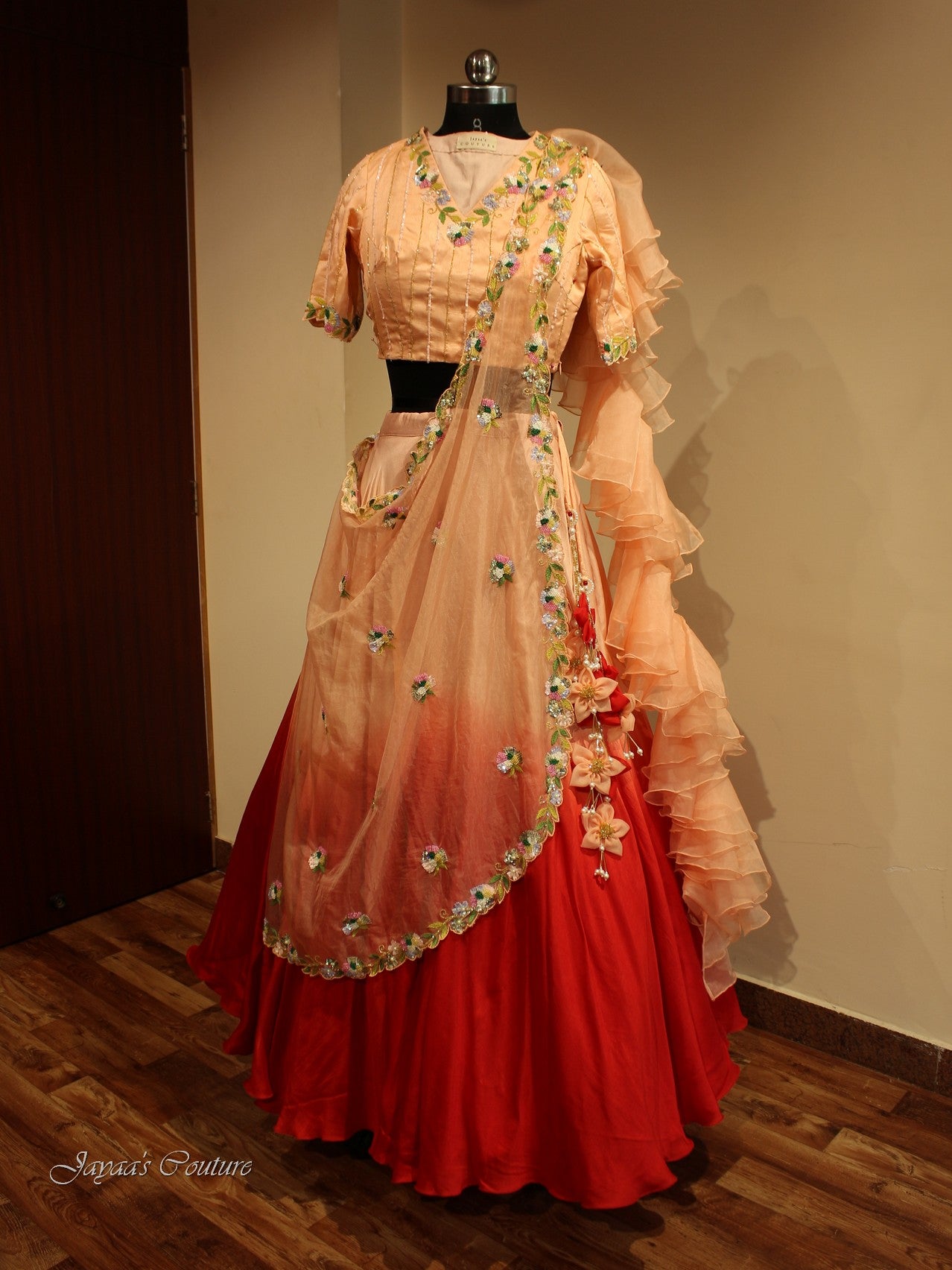 Peach Red shaded lehenga with drape dupatta