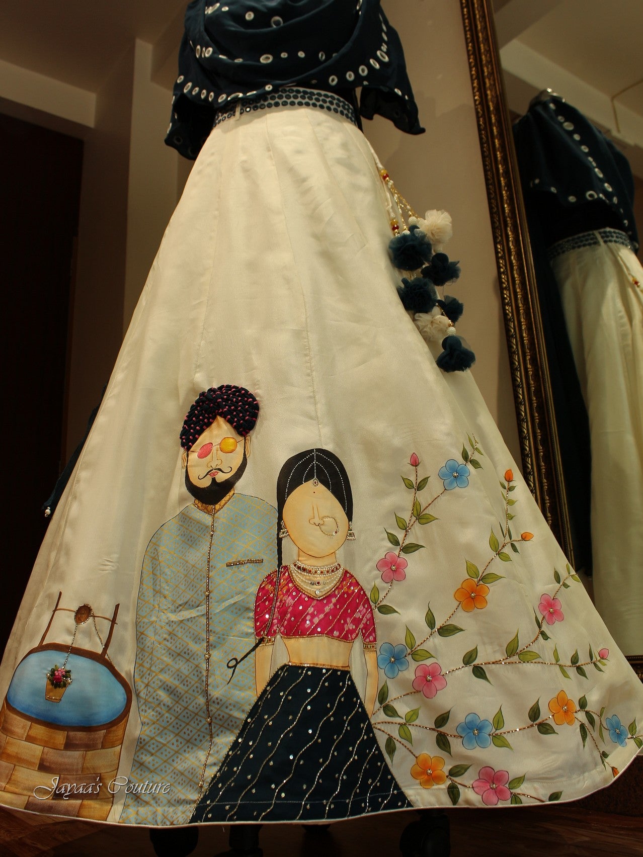 Offwhite seablue hand painted lehenga set