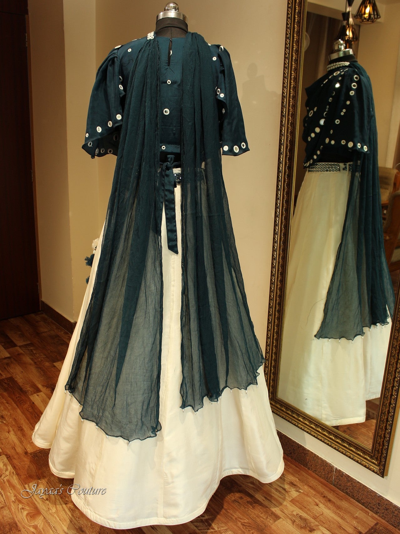 Offwhite seablue hand painted lehenga set