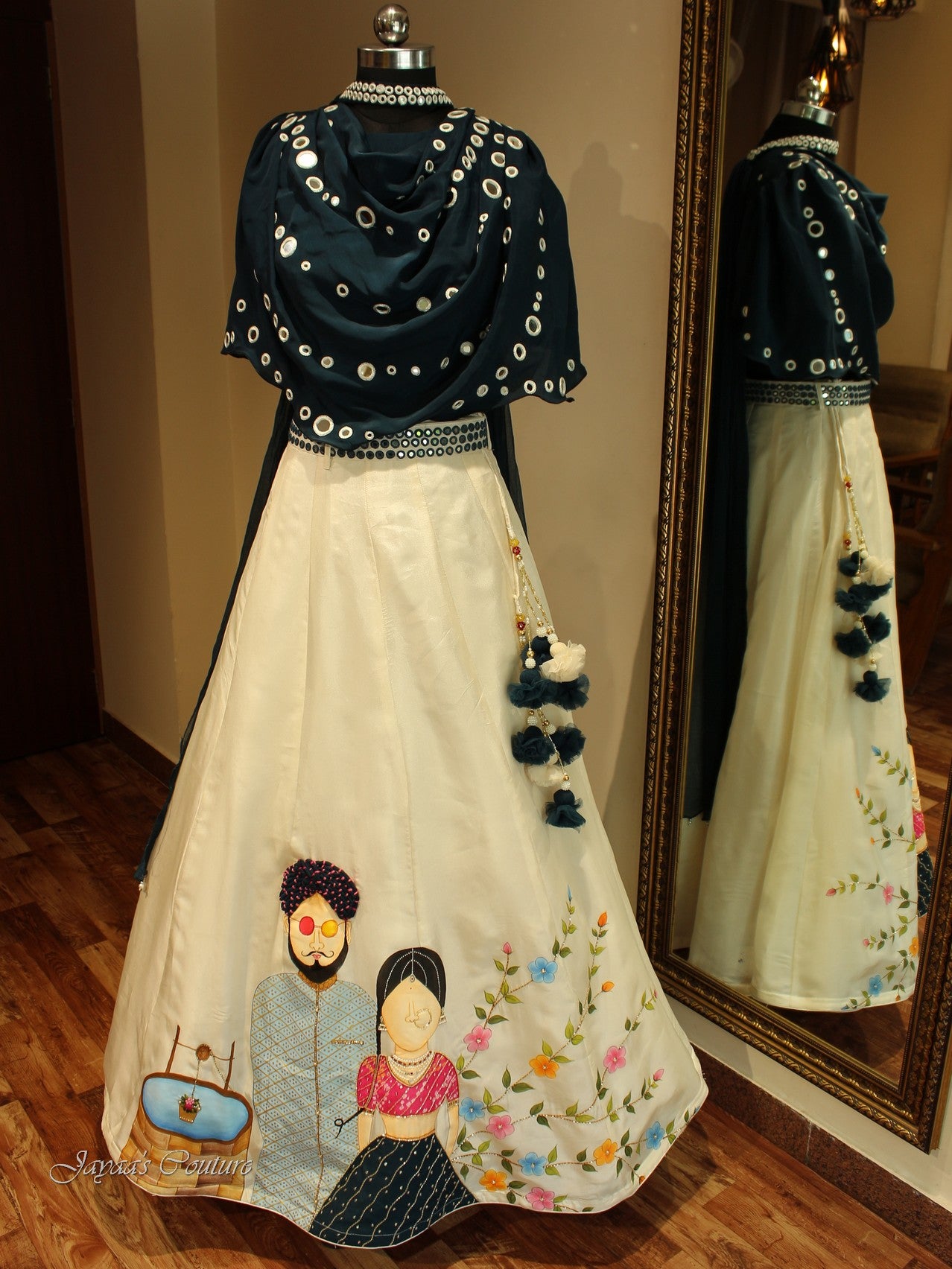 Offwhite seablue hand painted lehenga set