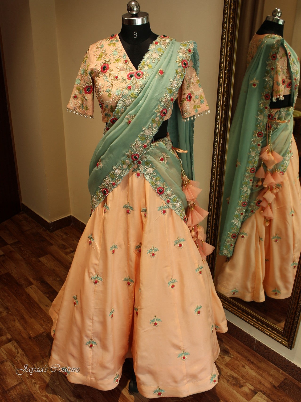 Peach lehenga blouse with sea green dupatta