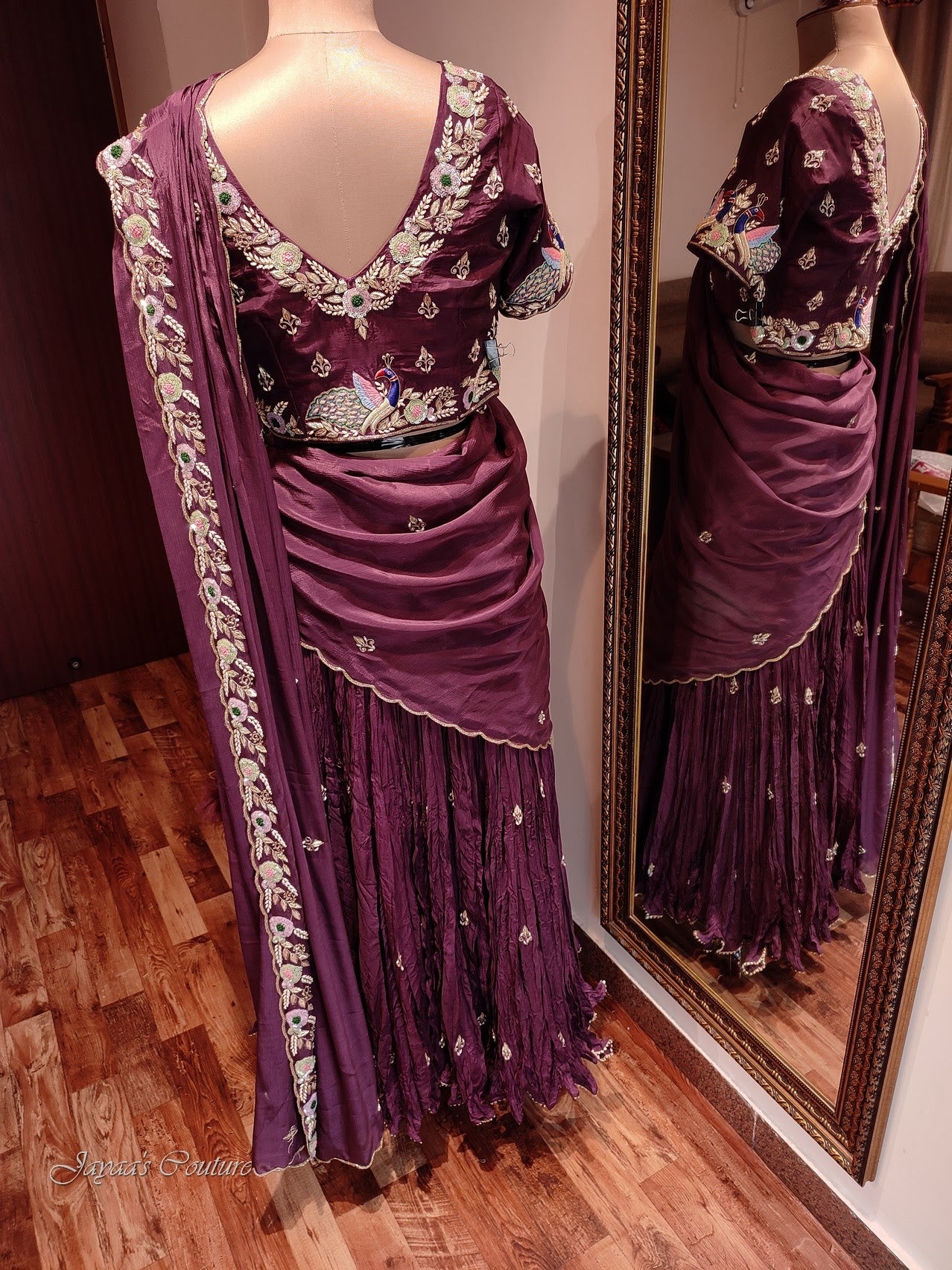 Mauve lehenga set with crushed skirt