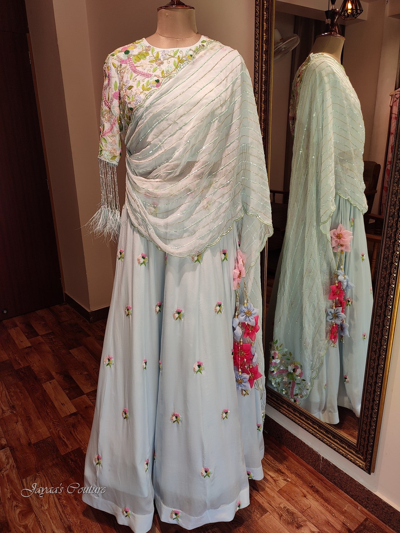 powder blue lehenga set with drape dupatta