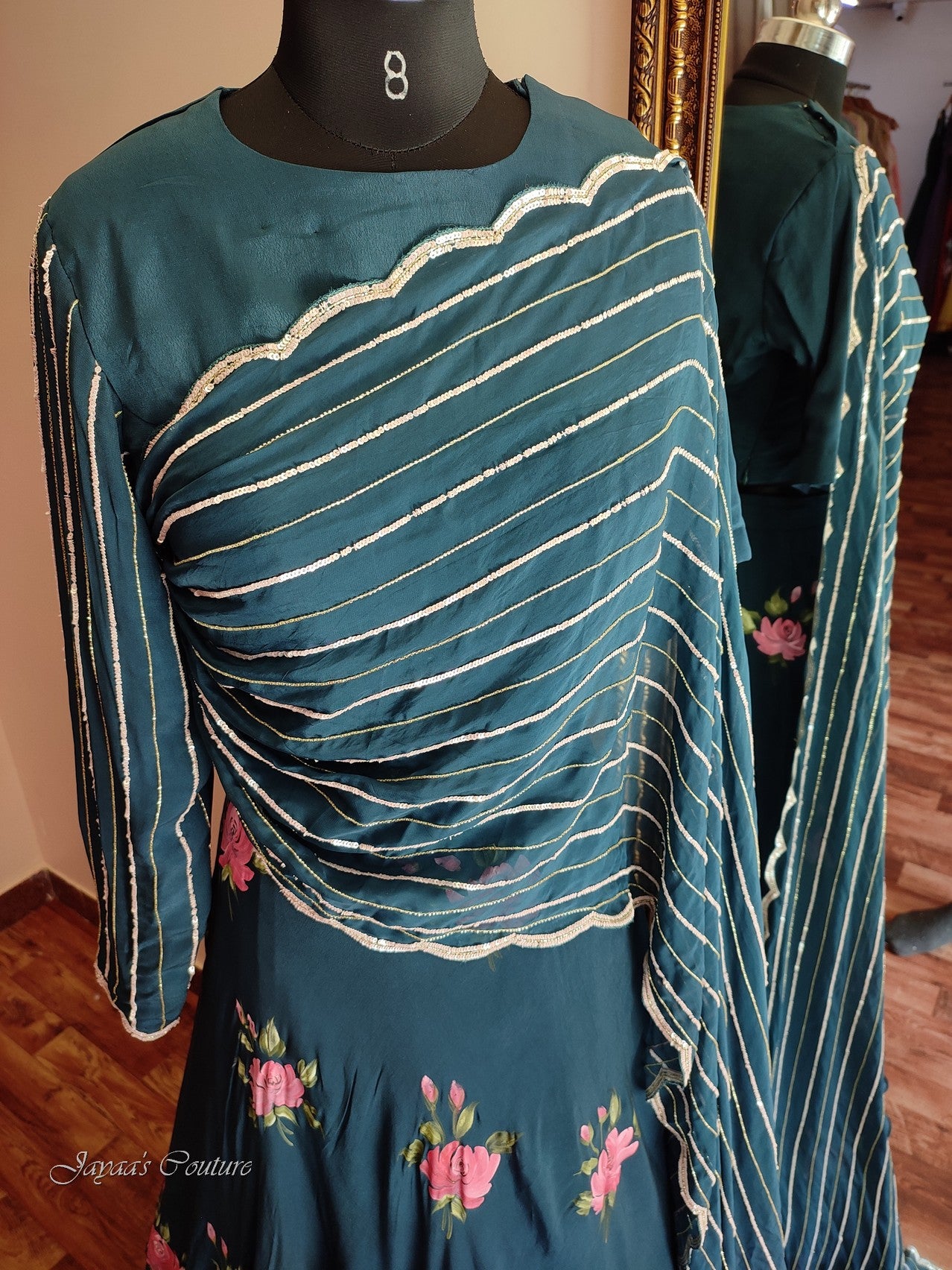 peacock blue lehenga set with drape dupatta