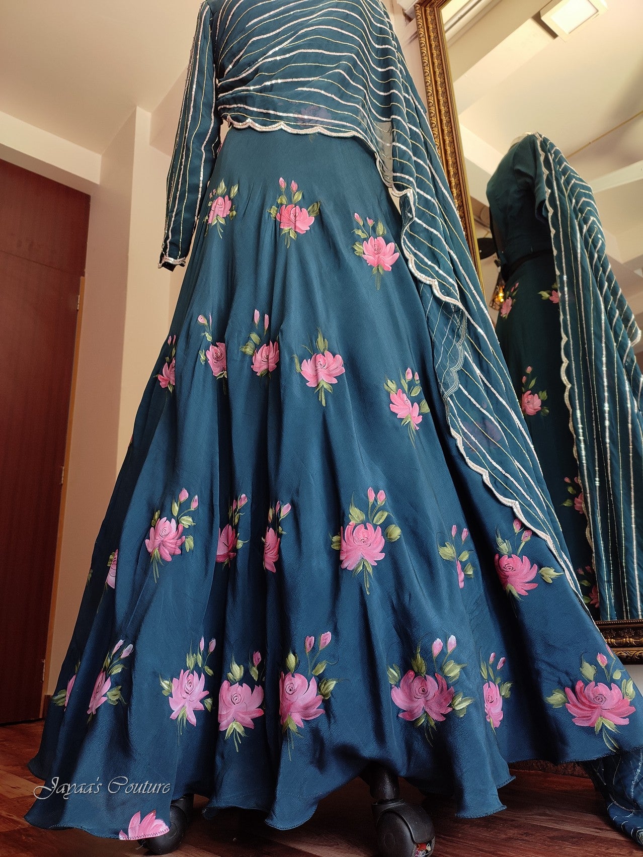 peacock blue lehenga set with drape dupatta