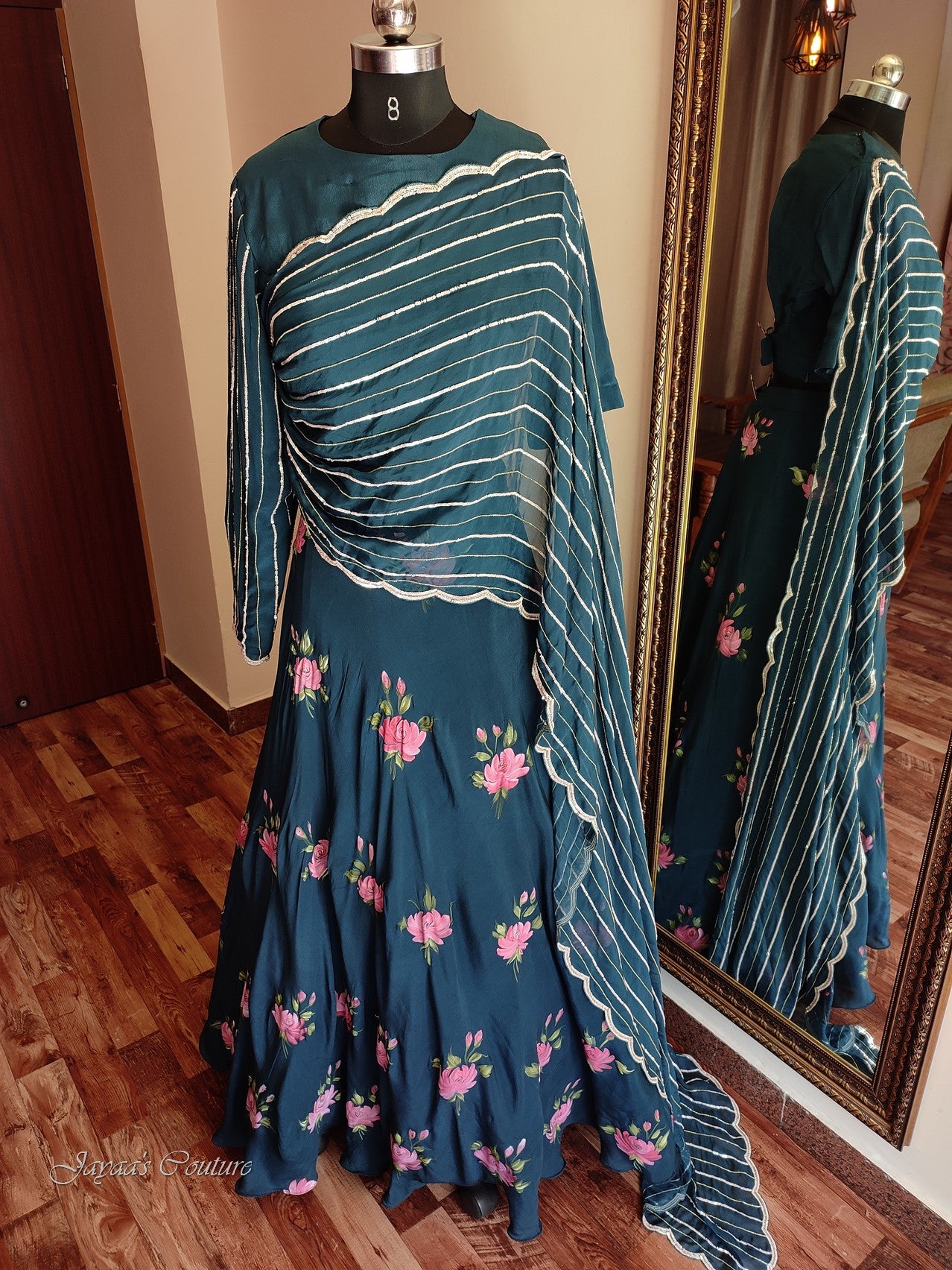 peacock blue lehenga set with drape dupatta