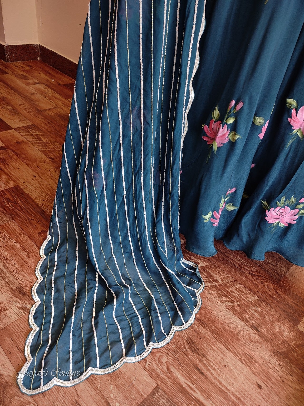 peacock blue lehenga set with drape dupatta