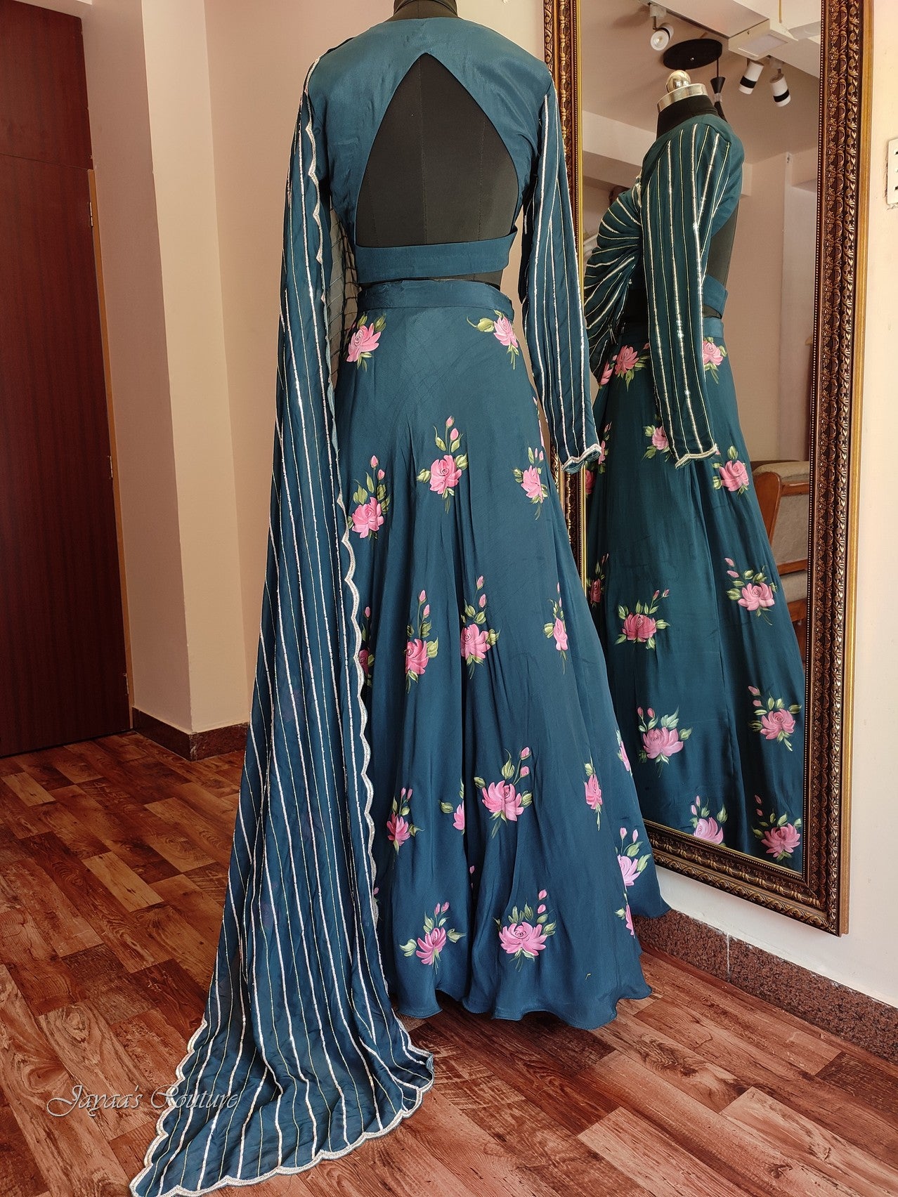 peacock blue lehenga set with drape dupatta