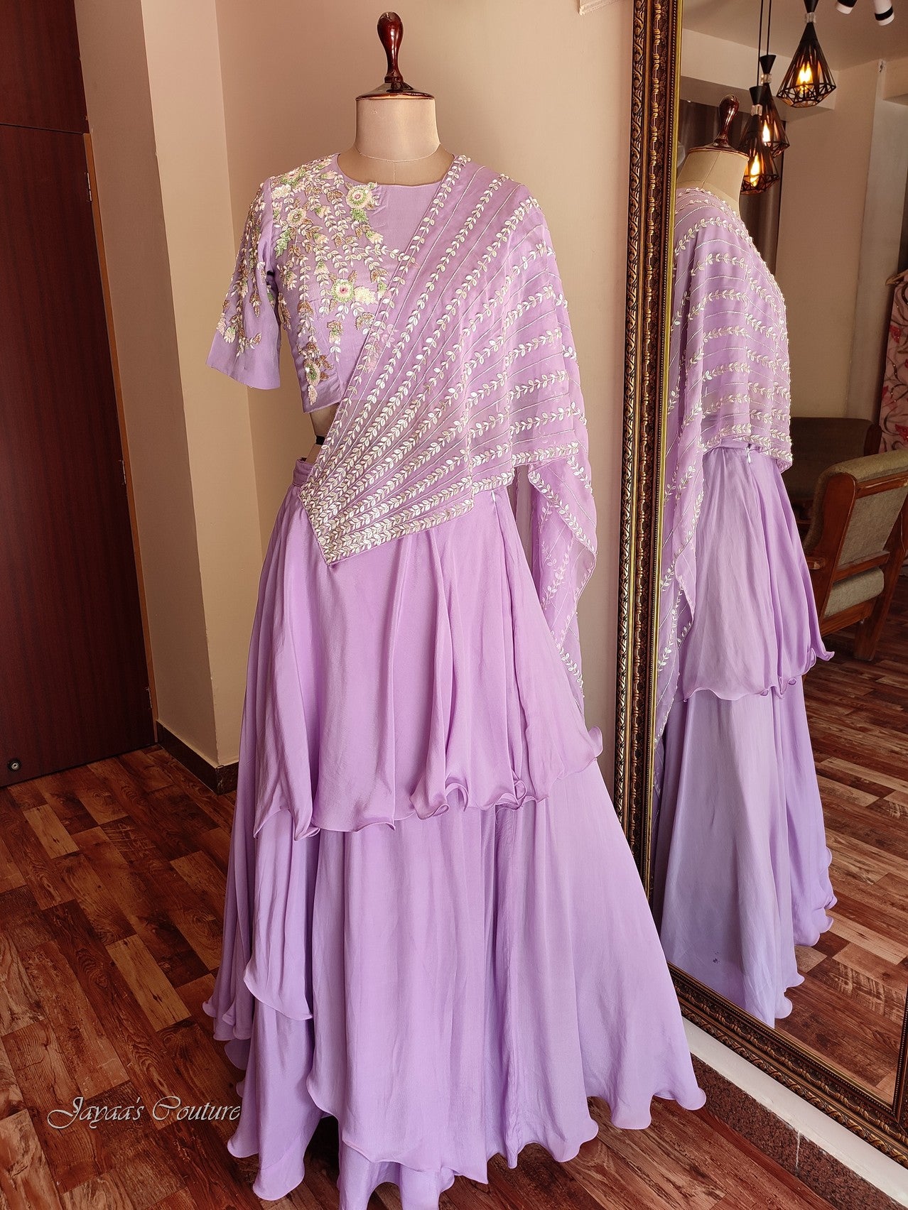lavender lehenga set with drape dupatta