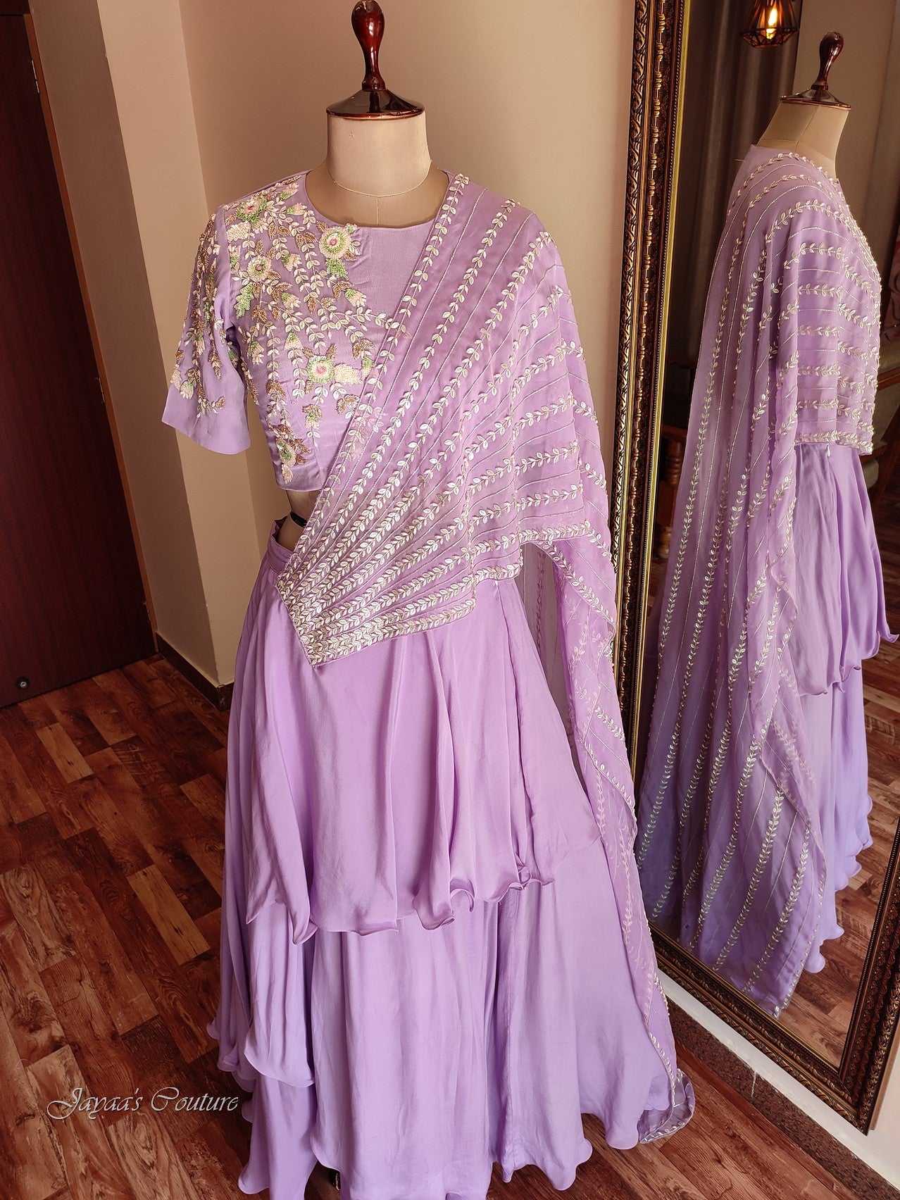 lavender lehenga set with drape dupatta