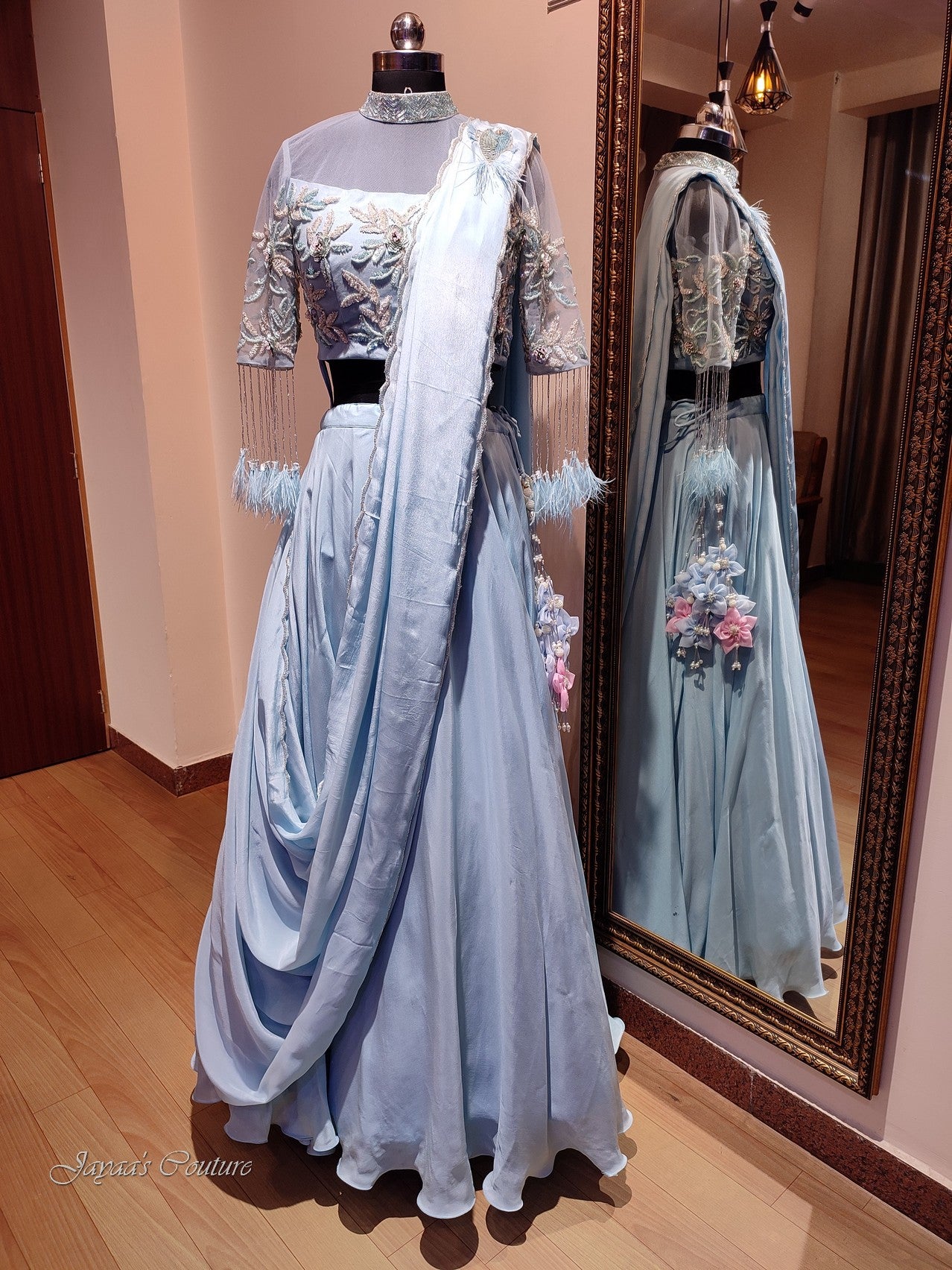 Powder blue lehenga set with drape dupatta
