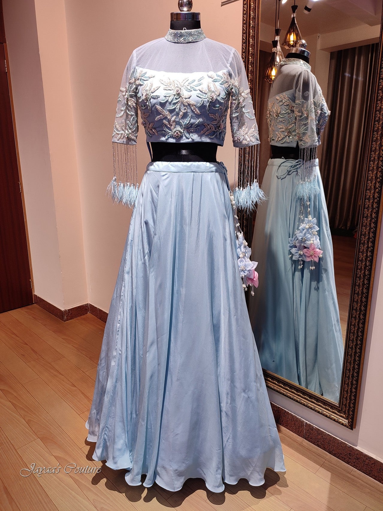 Powder blue lehenga set with drape dupatta