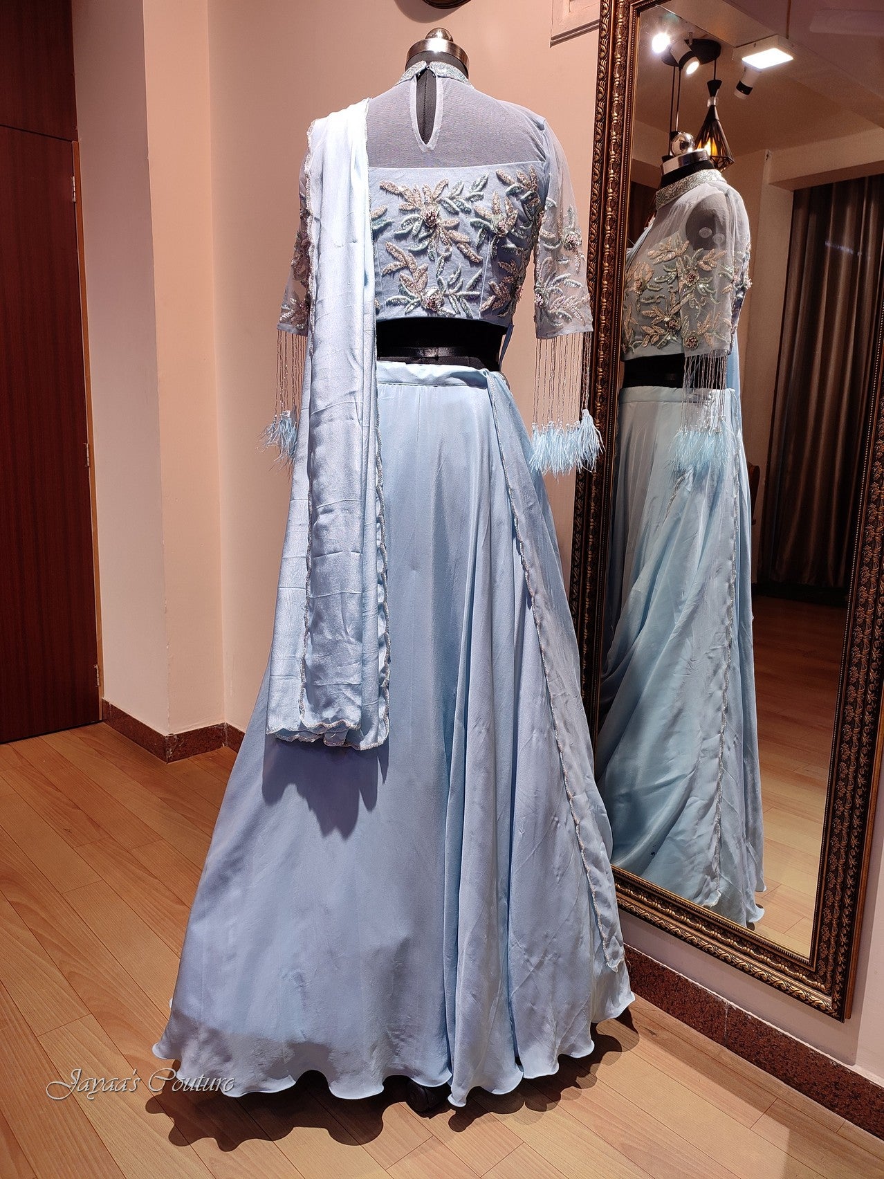 Powder blue lehenga set with drape dupatta