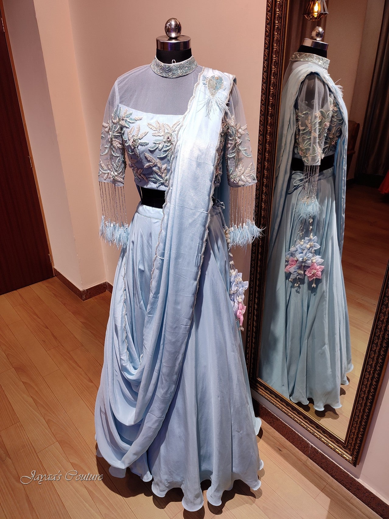 Powder blue lehenga set with drape dupatta