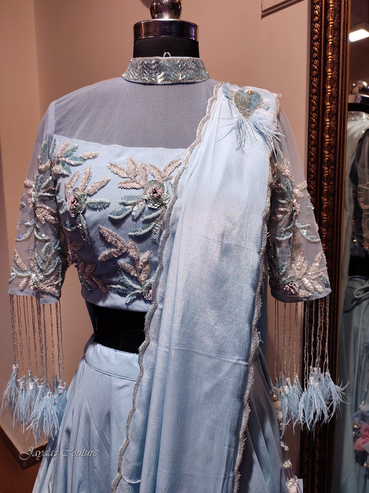 Powder blue lehenga set with drape dupatta