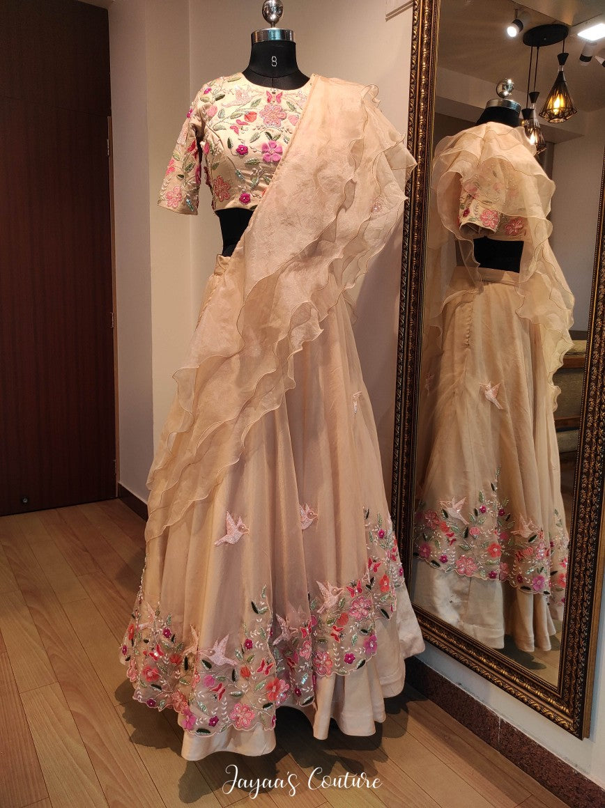 Beige lehenga blouse with frilled dupatta