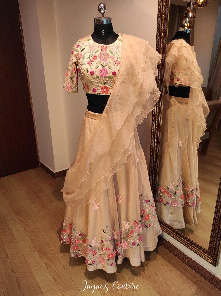 Beige lehenga blouse with frilled dupatta