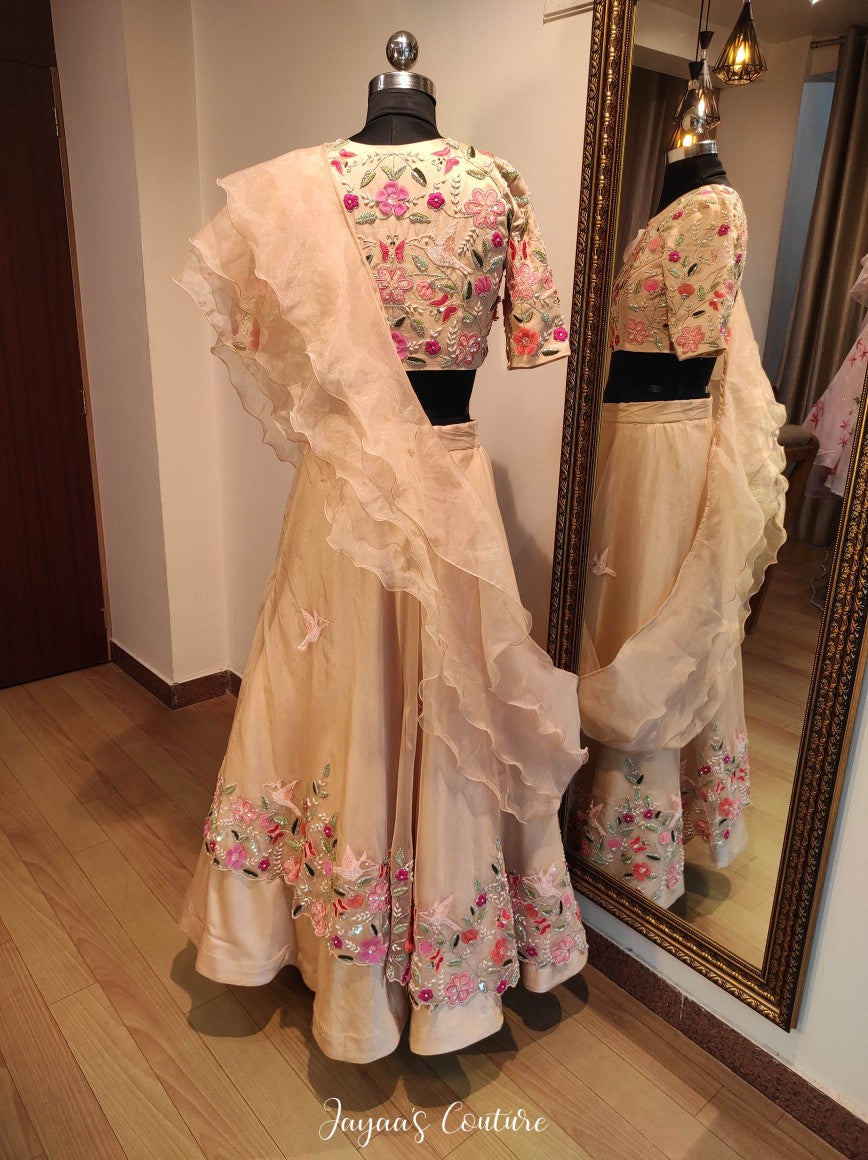 Beige lehenga blouse with frilled dupatta