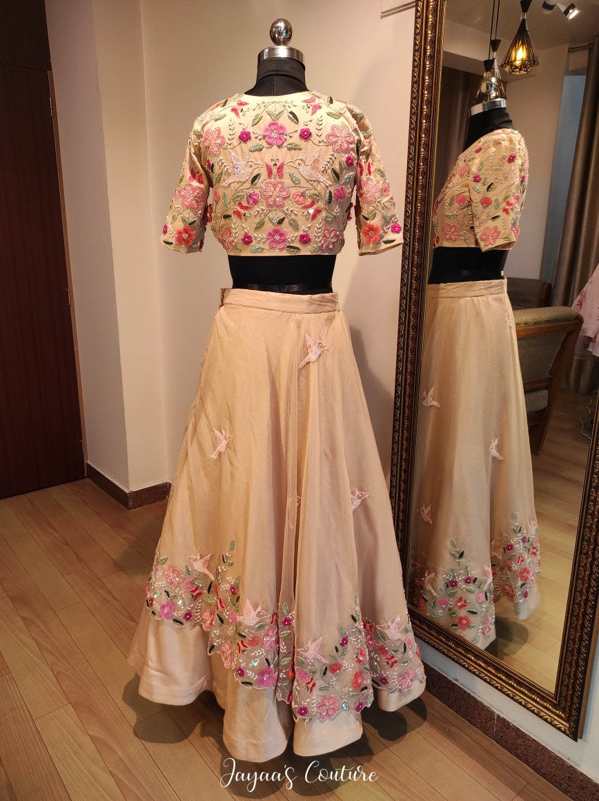 Beige lehenga blouse with frilled dupatta