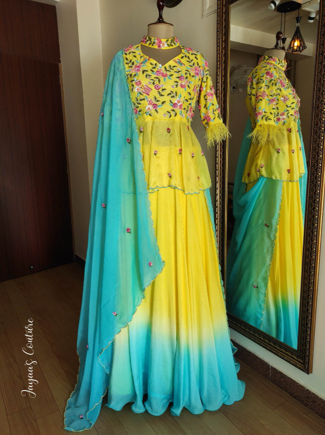Yellow peplum with ombre lehenga and dupatta