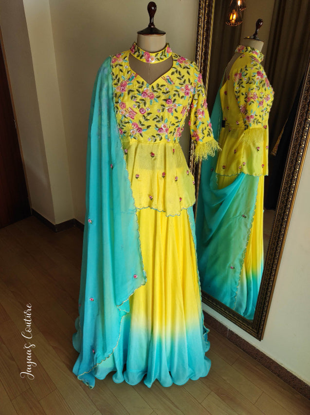 Yellow peplum with ombre lehenga and dupatta