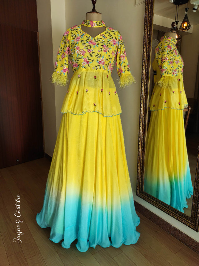 Yellow peplum with ombre lehenga and dupatta