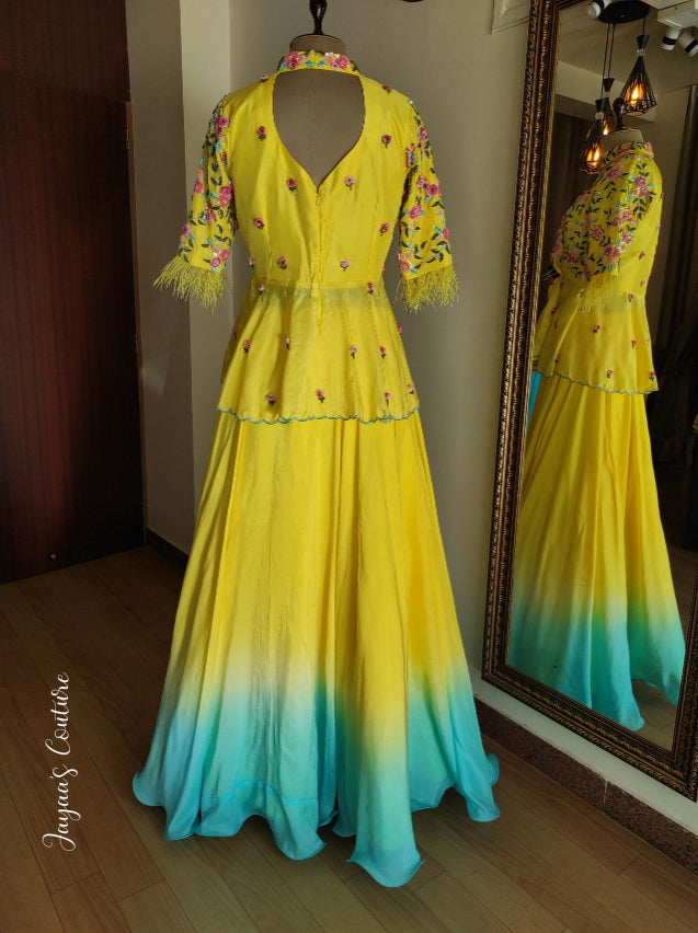 Yellow peplum with ombre lehenga and dupatta