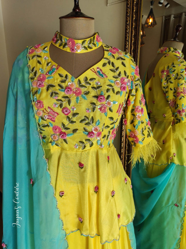 Yellow peplum with ombre lehenga and dupatta