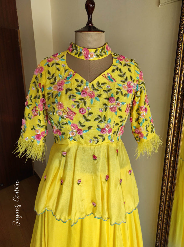 Yellow peplum with ombre lehenga and dupatta