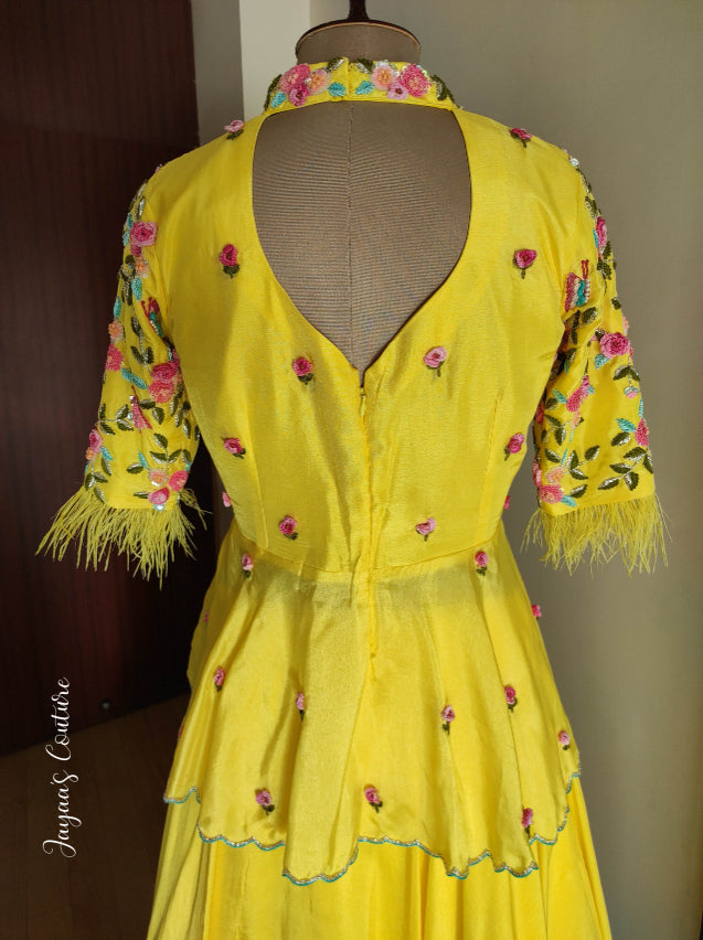 Yellow peplum with ombre lehenga and dupatta