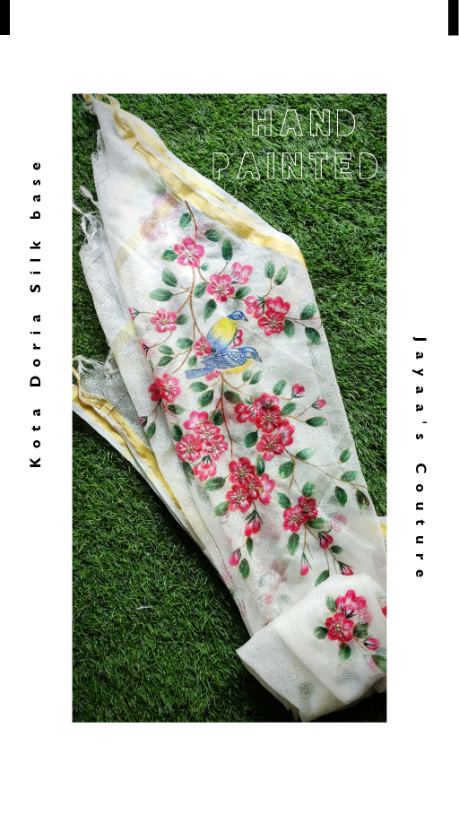 White Kota Doria Hand Painted Dupatta
